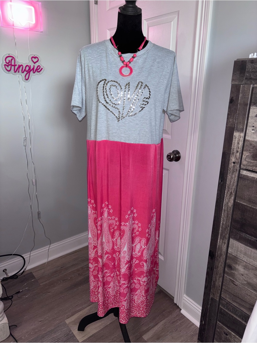 One-of-a-Kind Upcycled Maxi Dress ~ silver studded LOVE w/ necklace ~ Sz L/XL
